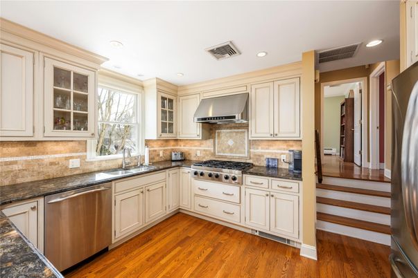 Interior, Kitchen, Recessed Lighting, Stainless Steel Appliances, Wood Texture Flooring