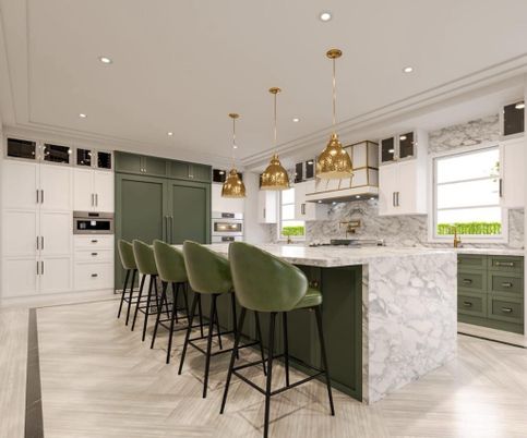 Interior, Kitchen, Marble Walls, Pendant Lights, Recessed Lighting, Stainless Steel Appliances, Wood Texture Flooring