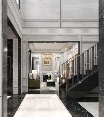 Fireplace, Interior, Marble, Pendant Lights