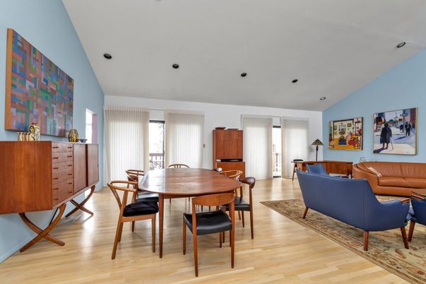 Dining room, Interior, Living room, Recessed Lighting, Wood Texture Flooring