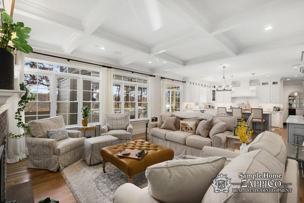 Fireplace, Interior, Kitchen, Living room, Pendant Lights, Recessed Lighting, Wood Texture Flooring