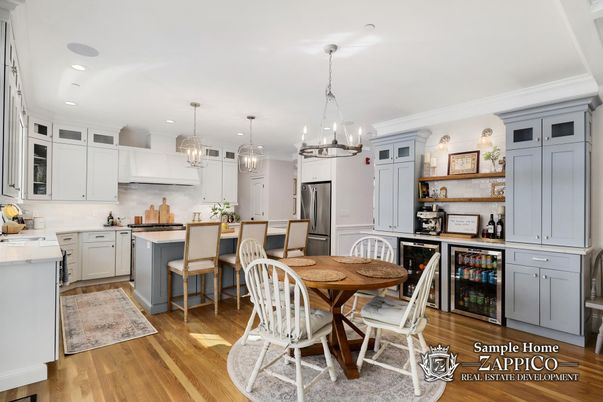 Dining room, Interior, Kitchen, Pendant Lights, Recessed Lighting, Stainless Steel Appliances, Wood Texture Flooring
