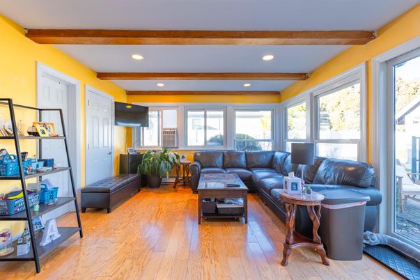 Interior, Living room, Recessed Lighting, Wooden Beams, Wood Texture Flooring
