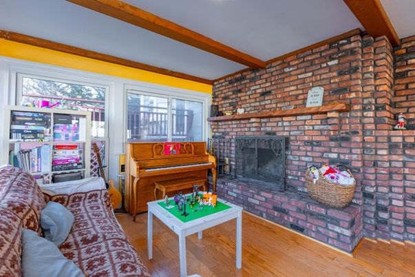 Fireplace, Interior, Living room, Piano, Stone Walls, Wooden Beams, Wood Texture Flooring
