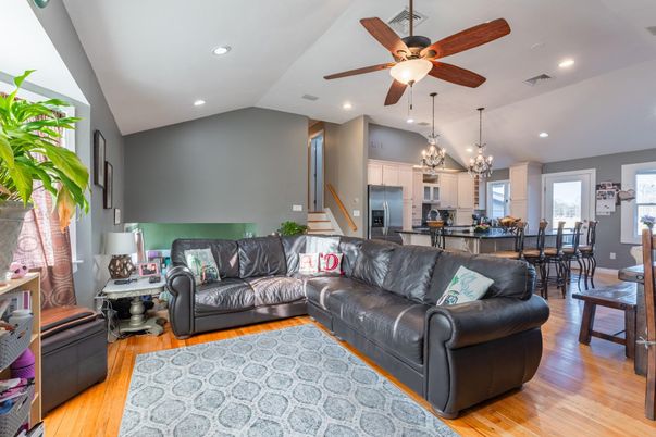 Chandelier, Dining room, Interior, Kitchen, Living room, Recessed Lighting, Stainless Steel Appliances, Wood Texture Flooring