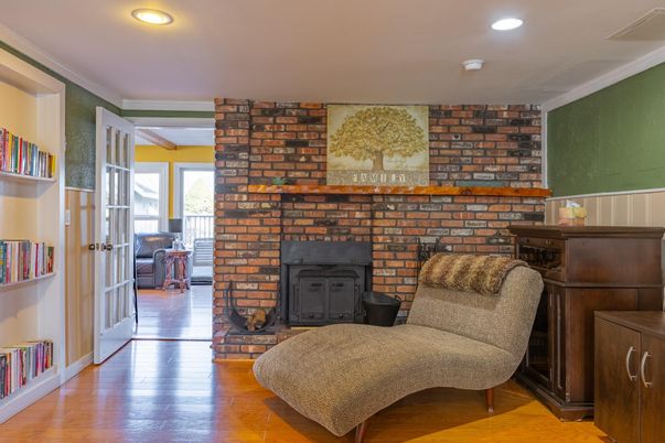 Fireplace, Interior, Recessed Lighting, Stone Walls, Wood Texture Flooring