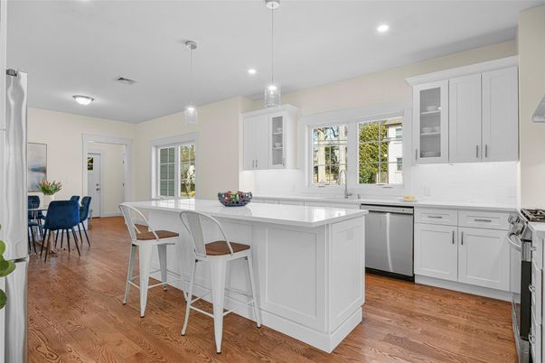 Dining room, Interior, Kitchen, Pendant Lights, Recessed Lighting, Stainless Steel Appliances, Wood Texture Flooring