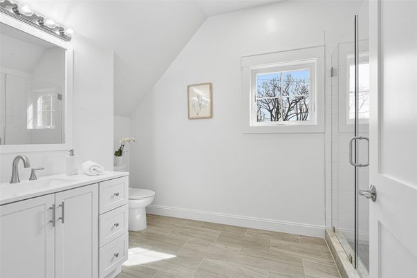 Bathroom, Glass Shower, Interior, Wood Texture Flooring