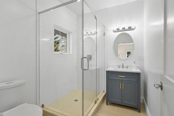 Bathroom, Glass Shower, Interior, Wood Texture Flooring