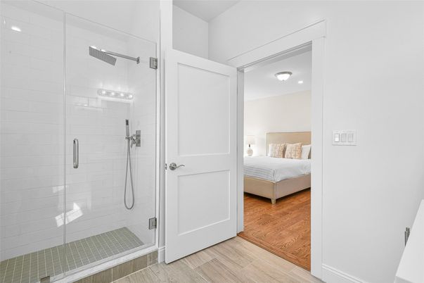Bathroom, Bedroom, Glass Shower, Interior, Wood Texture Flooring