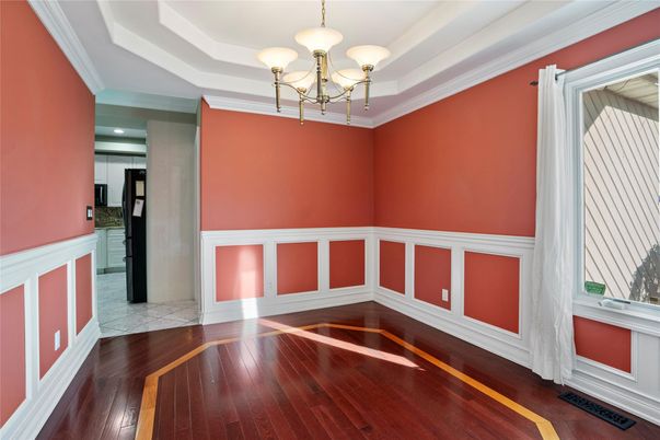 Chandelier, Empty room, Interior, Recessed Lighting, Wood Texture Flooring