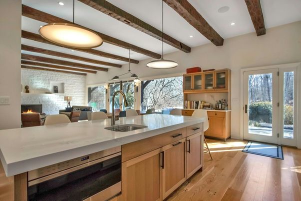 Fireplace, Interior, Kitchen, Living room, Pendant Lights, Recessed Lighting, Stone Walls, Wooden Beams, Wood Texture Flooring