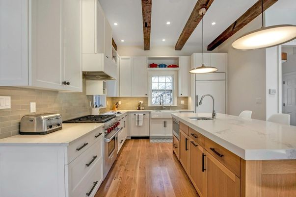 Interior, Kitchen, Pendant Lights, Recessed Lighting, Stainless Steel Appliances, Wooden Beams, Wood Texture Flooring