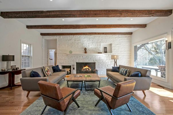 Fireplace, Interior, Living room, Recessed Lighting, Stone Walls, Wooden Beams, Wood Texture Flooring