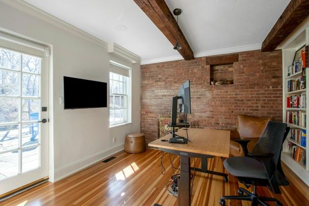 Home Office, Interior, Stone Walls, Wooden Beams, Wood Texture Flooring