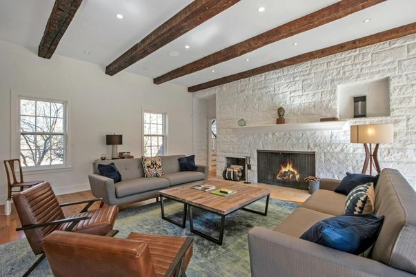 Fireplace, Interior, Living room, Recessed Lighting, Stone Walls, Wooden Beams, Wood Texture Flooring