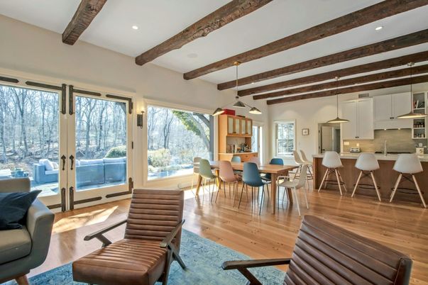 Dining room, Interior, Kitchen, Pendant Lights, Recessed Lighting, Wooden Beams, Wood Texture Flooring