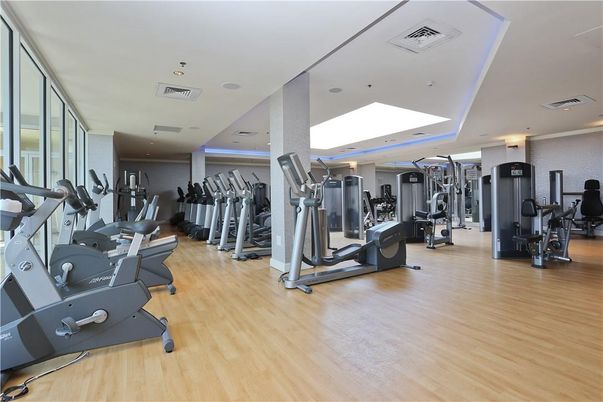 Fitness Equipment, Gym, Interior, Recessed Lighting, Wood Texture Flooring