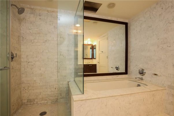 Bathroom, Glass Shower, Interior, Marble Walls, Recessed Lighting