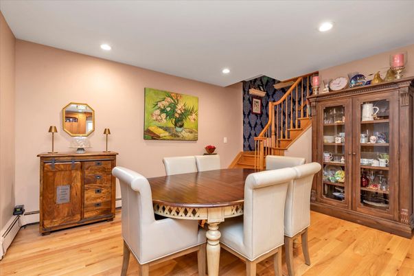 Dining room, Interior, Recessed Lighting, Wood Texture Flooring