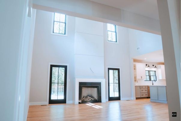 Fireplace, Interior, Kitchen, Pendant Lights, Wood Texture Flooring