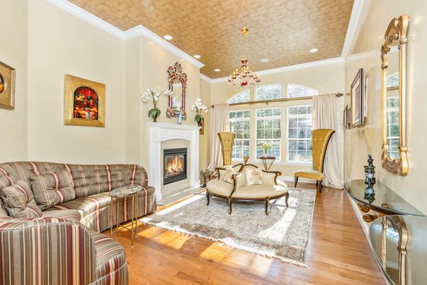 Chandelier, Fireplace, Interior, Living room, Pendant Lights, Recessed Lighting, Wood Texture Flooring