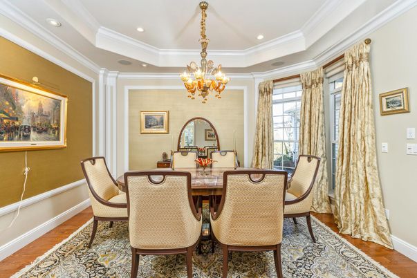 Chandelier, Dining room, Interior, Recessed Lighting, Wood Texture Flooring