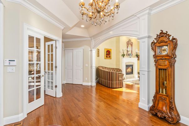 Chandelier, Fireplace, Interior, Recessed Lighting, Wood Texture Flooring