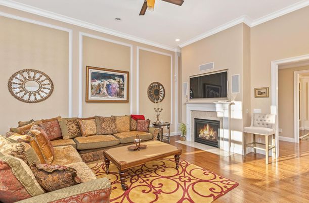 Fireplace, Interior, Living room, Recessed Lighting, Wood Texture Flooring