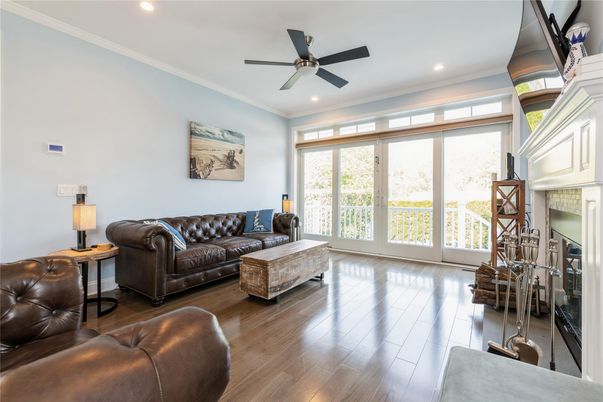 Fireplace, Interior, Living room, Recessed Lighting, Wood Texture Flooring
