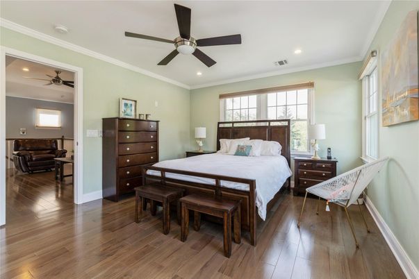 Bedroom, Interior, Recessed Lighting, Wood Texture Flooring