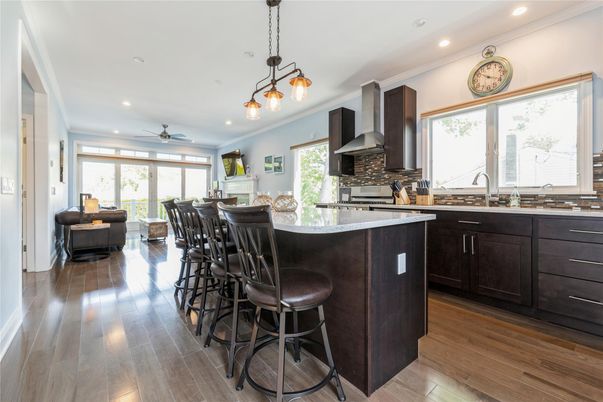 Interior, Kitchen, Pendant Lights, Recessed Lighting, Wood Texture Flooring