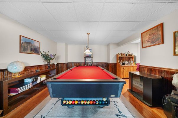 Billiard Table, Game Room, Interior, Pendant Lights, Wood Texture Flooring