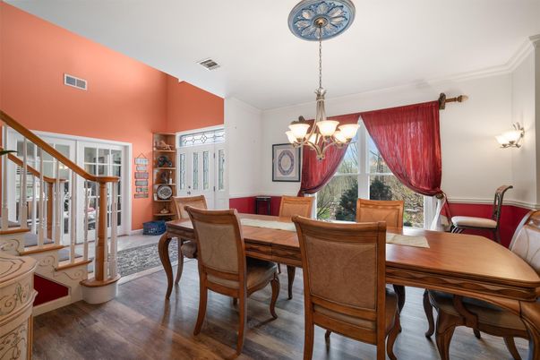 Chandelier, Dining room, Interior, Wood Texture Flooring