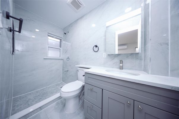 Bathroom, Glass Shower, Interior, Marble Walls, Recessed Lighting