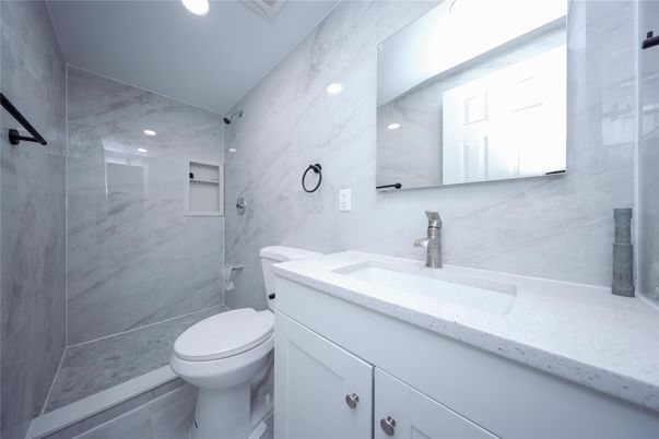 Bathroom, Glass Shower, Interior, Marble Walls, Recessed Lighting