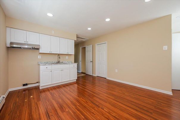 Empty room, Interior, Kitchen, Recessed Lighting, Wood Texture Flooring