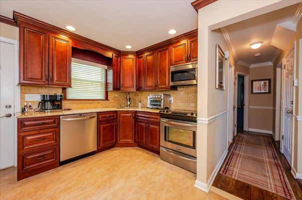Interior, Kitchen, Recessed Lighting, Stainless Steel Appliances, Wood Texture Flooring