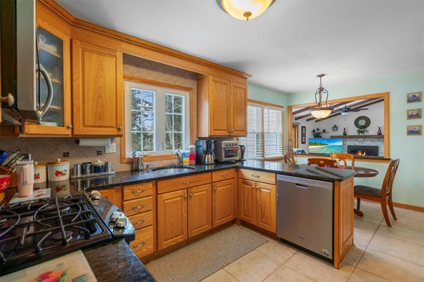Dining room, Fireplace, Interior, Kitchen, Pendant Lights