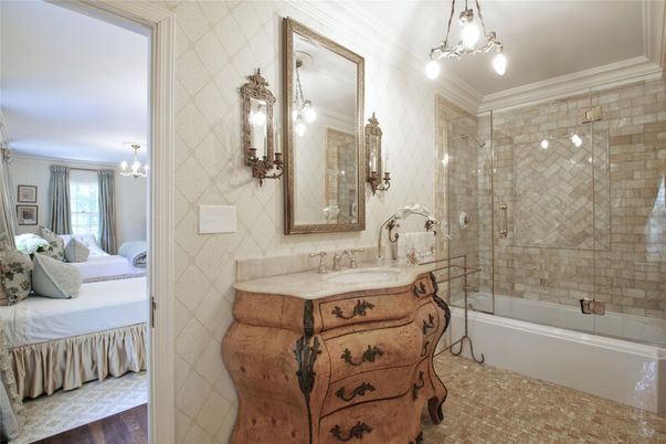 Bathroom, Bedroom, Glass Shower, Interior, Pendant Lights, Wood Texture Flooring