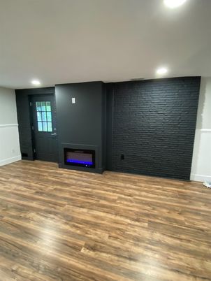 Empty room, Fireplace, Interior, Recessed Lighting, Wood Texture Flooring