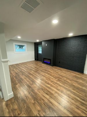 Empty room, Fireplace, Interior, Recessed Lighting, Wood Texture Flooring