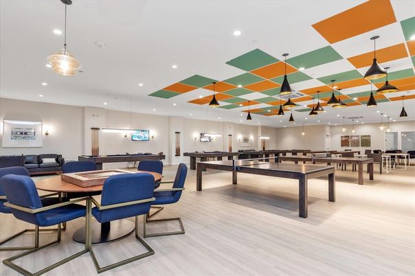 Billiard Table, Game Room, Interior, Pendant Lights, Recessed Lighting, Wood Texture Flooring