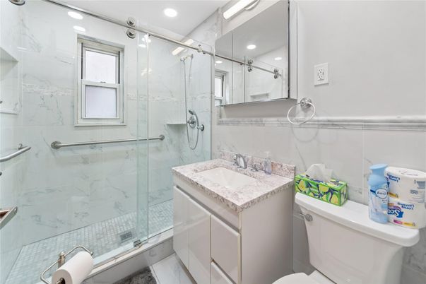 Bathroom, Glass Shower, Interior, Marble Walls, Recessed Lighting