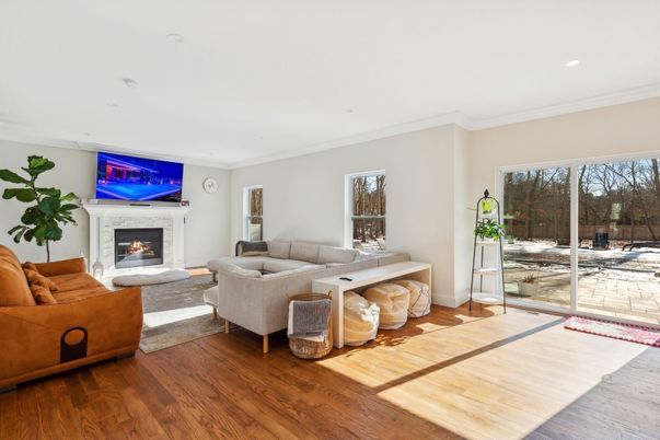 Fireplace, Interior, Living room, Recessed Lighting, Wood Texture Flooring