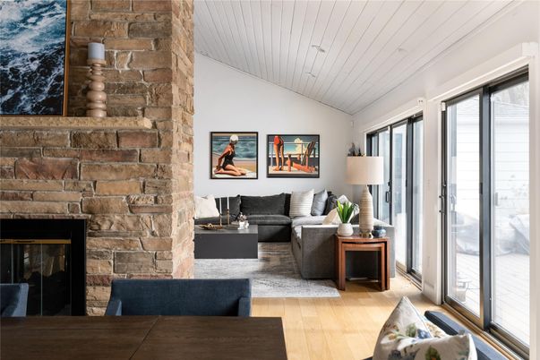Fireplace, Interior, Living room, Stone Walls, Wood Texture Flooring