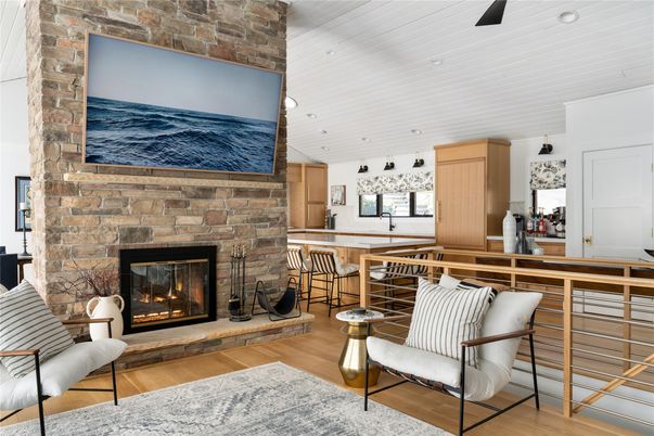 Fireplace, Interior, Pendant Lights, Recessed Lighting, Stone Walls, Wood Texture Flooring