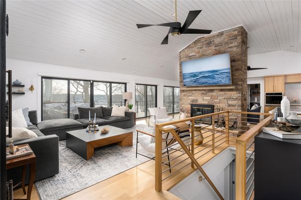 Fireplace, Interior, Kitchen, Living room, Stone Walls, Wood Texture Flooring