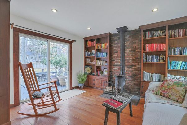 Fireplace, Interior, Recessed Lighting, Stone Walls, Wood Texture Flooring