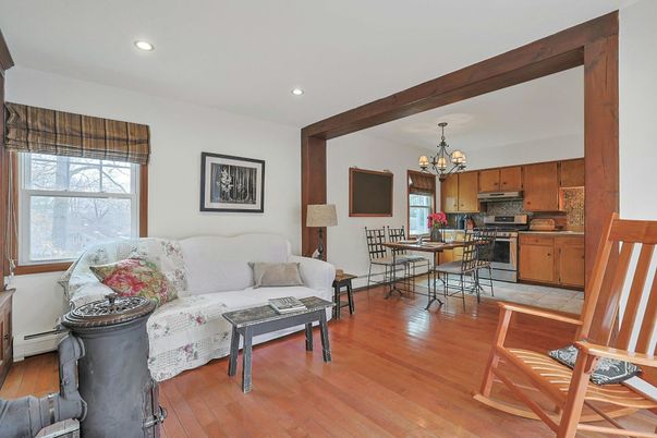 Chandelier, Dining room, Interior, Kitchen, Living room, Recessed Lighting, Wood Texture Flooring